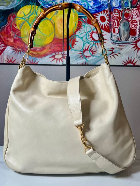Gucci Handbags - Gucci Tom Ford Vintage Y2K Bamboo Cream Calf Leather Hobo
